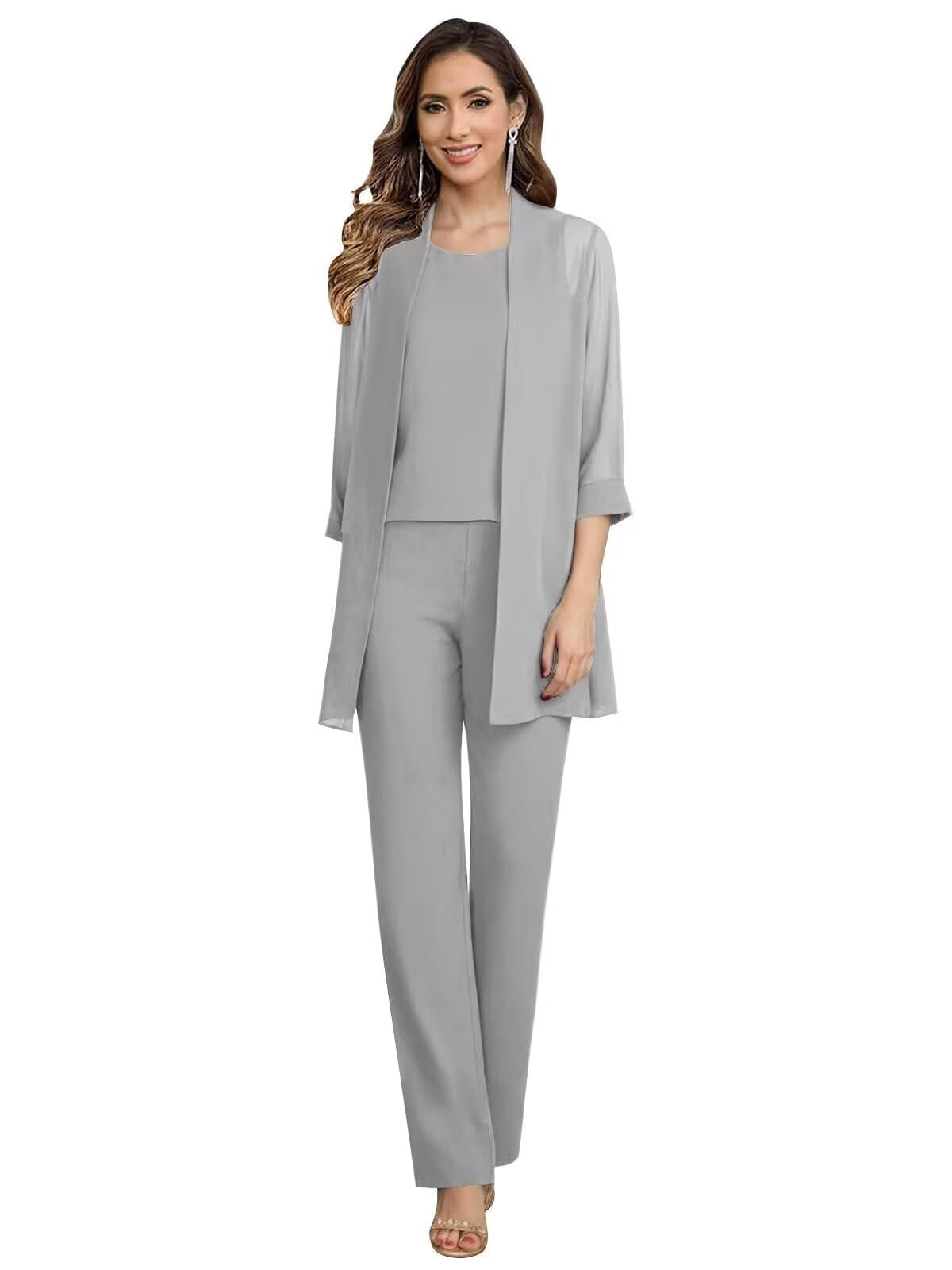 3 Pieces Mother of The Bride Pant Suits for Women Chiffon Pantsuits for Wedding Guest Formal Outfit Sets