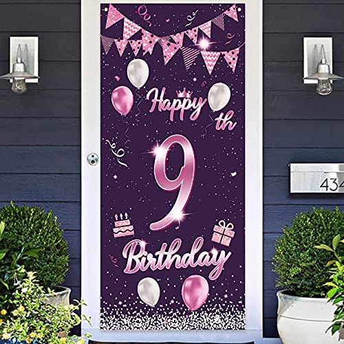Happy 9th Birthday Sweet Purple Rose Banner Backdrop Balloons Confetti Cheers to 9 Years Old Bday Theme Decorations Decor for Door Cover Porch Girls Boys 9th Birthday Party Supplies Background