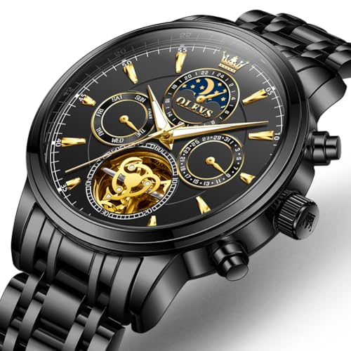 Image of OLEVS Automatic Watches for Men Luxury Dress Calendar Moon Phase Skeleton Mechanical Men's Watch Stainless Steel Waterproof Luminous Self Winding Wrist Watch Gold /Blue /Silver /Black Dial