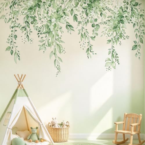 VePret Mint Green Plants Leaves Wall Decals Peel and Stick, Large Floral Flowers Vinyl Wall Stickers, Removable Vine Home Decor Art for Bedroom Living Room Classroom Office