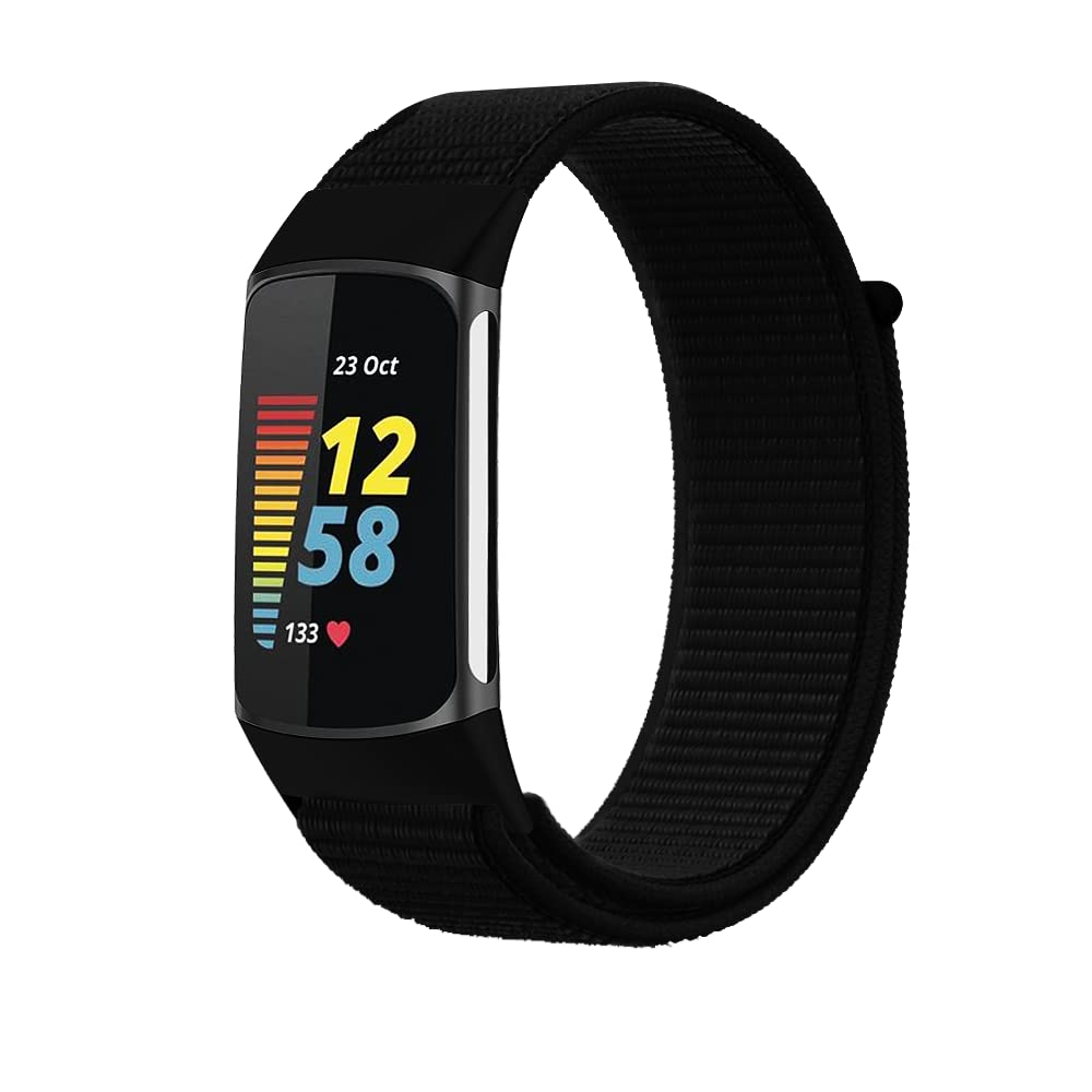 Panda Bobo Sport Loop Nylon Watch Straps Compatible with Fitbit Charge 6/Charge 5, Adjustable Breathable Replacement Soft Nylon Loop Wristband (Black) — image 1
