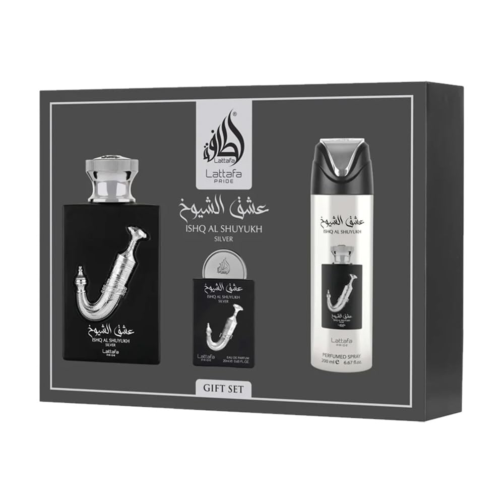 Lattafa Pride - Ishq Al Shuyukh Silver for Men - 3 Pc Gift Set 3.4oz EDP Spray, 6.67oz Perfumed Body Spray, 0.67oz EDP Spray