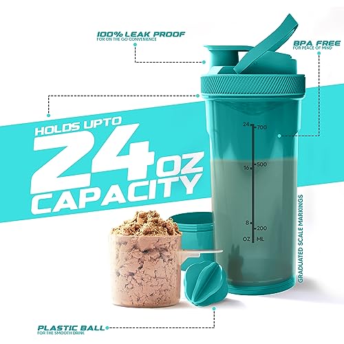 KICHLY Shaker Bottle (700 ml) Plastic Protein Shaker Bottle with Mixing Ball - Non-Leak Cap with Twist & Lock Protein Box Storage – Fitness & Workout Partner (Teal, Pack of 1) - Image 3