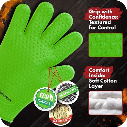 Image of KITCHEN PERFECTION Silicone Smoker Oven Gloves -Extreme Heat Resistant BBQ Gloves-Handle Hot Food Right on Your Grill Fryer&Pit|Waterproof Grilling Cooking Baking Mitts |Superior Value Set +2 Bonuses