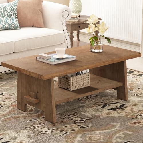 WINWY Farmhouse Wood Coffee Table, 43.4' Center Table, Solid Wood Tabletop