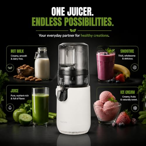 Image of Hurom E50ST Cold Press Juicer for Home, Premium Slow Juicer with Sorbet Strainer, All-in-1 Juicer for Fruits, Vegetables, Nut Milk & Ice cream, World's No. 1 Slow Juicer Brand since 1974 (White)
