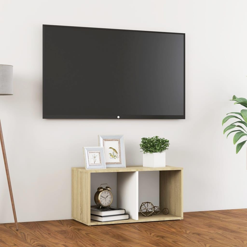 Mueble de TV compacto con estantes, soporte de televisión de madera en blanco y roble Sonoma