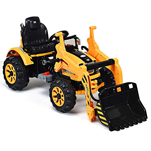 HONEY JOY Kids Ride On Excavator, 12V Battery Powered Pretend Play Construction Tractor Toy with Horn