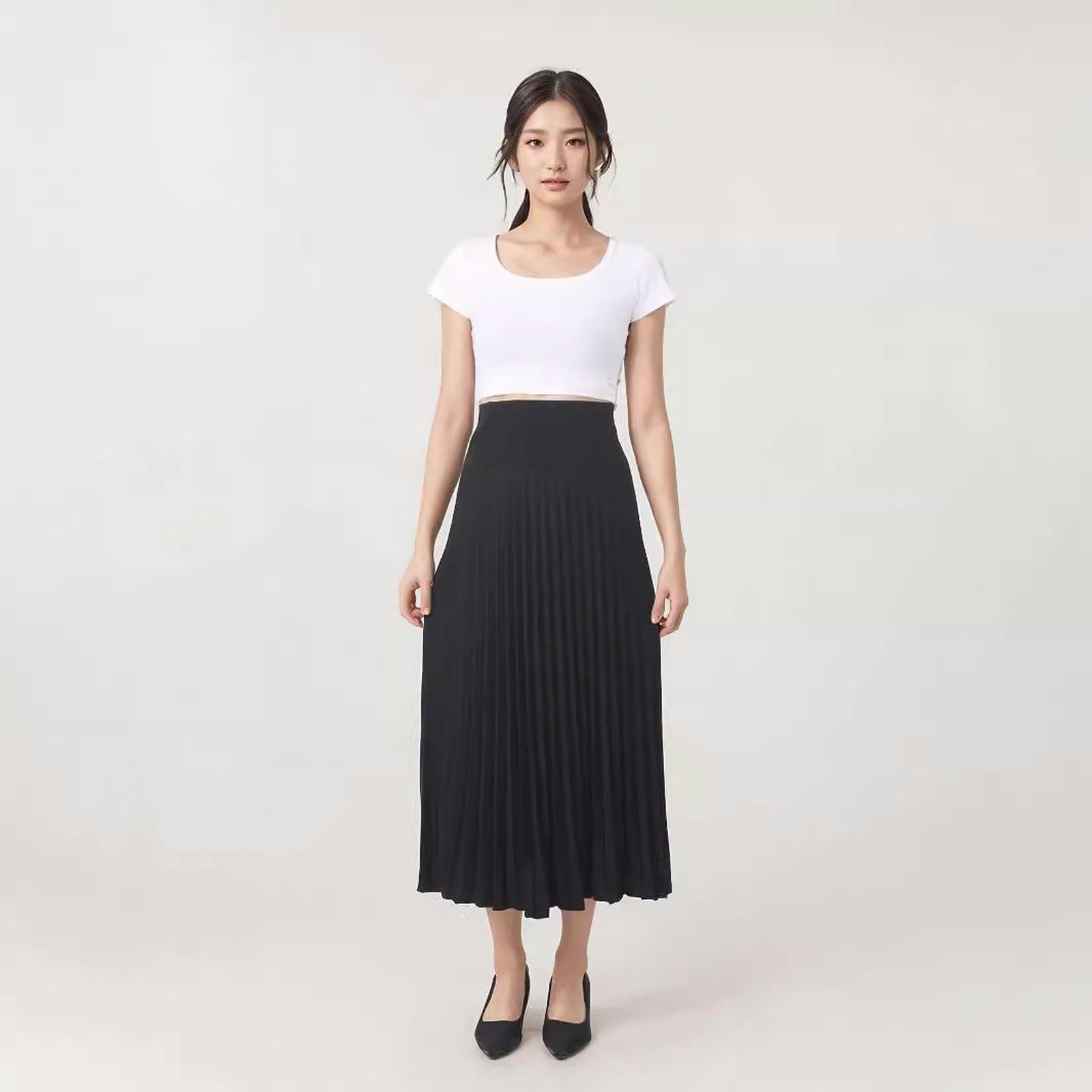 Gonna Donna Gonna A-Line A Pieghe Lunghe da Donna, Gonna Nera in Vita Alta, Design Rugoso per Lo Stile Elegante-Nero-l