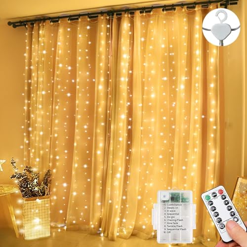 Lezonic Battery Curtain Lights,3m x 3m 300 LED Curtain Fairy Lights Waterproof,8 Modes Battery Powered String Lights with Remote, Wall Fairy Lights for Window Bedroom Party Christmas Decor(Warm White)