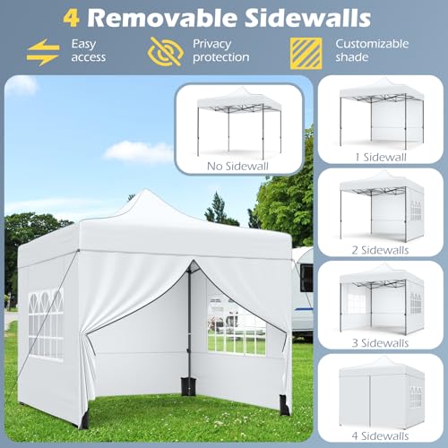 Image of Tangkula 10x10 FT Pop Up Canopy, Outdoor Tent with 4 Removable Sidewalls, Carbon Steel Frame, 4 Sandbags, 8 Stake & 4 Ropes, Wheeled Bag, Portable Canopy Tent for Party Event Camping (White)