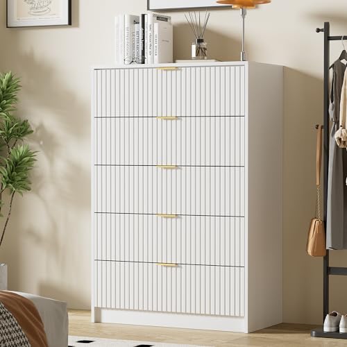 Image of Furniway White Dresser for Bedroom, Modern Dresser with 5 Drawers and Smooth Slides, Wide Chest of Drawers with Golden Handles for Bedroom, Living Room, Closet, 15.7 inch D x 31.5 inch W x 47.2 inch H