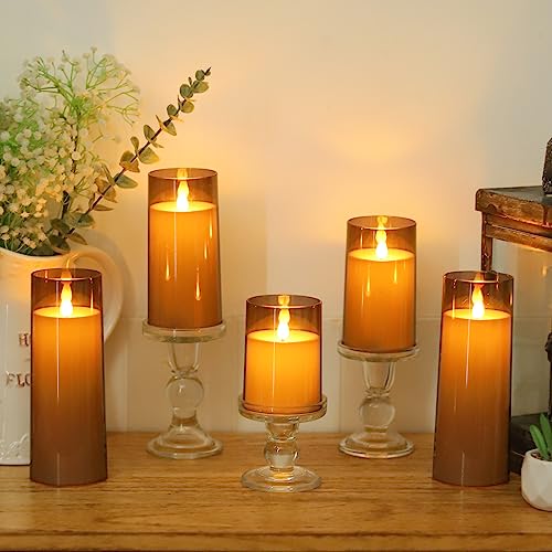 Fo32Won Grey Led Flameless Pillar Candles Battery Operated With Remote And Timer, Set Of 5 (D 3"×H 4" 5" 6" 8" 8") Plexiglass Led Flickering Candles With 3D Flame #TOP2