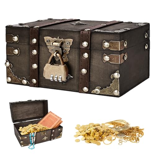 Cofre del tesoro de madera vintage, 24 x 17 x 9,5 cm, caja del tesoro de madera, con cerradura de combinación, cofre del tesoro para niños, cofre del tesoro de madera para guardar decoración de