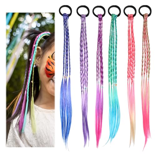simarro Bunte Haarsträhnen für Mädchen, 45cm Geflochtenes Haar Haarteile mit Elastischem Seilband Haarsträhnen Kinder Haarschmuck Mädchen für Party Festival Deko Geschenke(6 Farben, 6 Stück)
