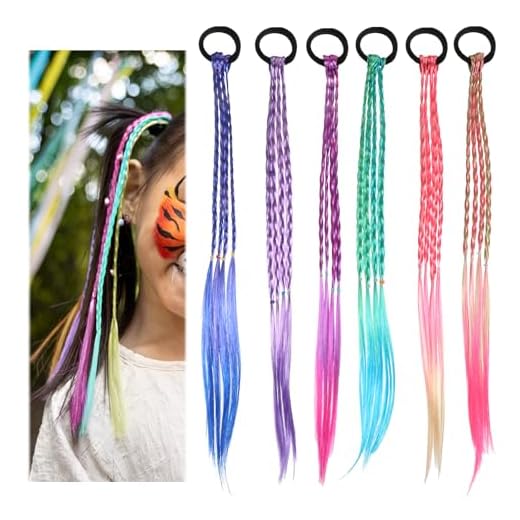 simarro Lot de 6 mèches de cheveux colorées, tressés, 45 cm, avec corde élastique, pour enfants, filles, pour fête, festival, cadeau (6 couleurs, 6 pièces)