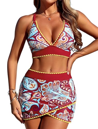 ZAFUL Women's High Waisted Bikini with Skirt Whip Stitch 2 Piece Swimsuits Tummy Control Bathing Suit