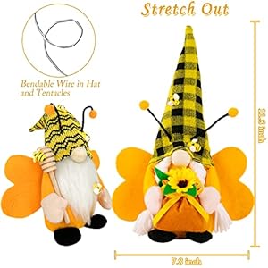 Ztml ms bumble bee gnomes plush 2pcs handmade honeybee with sunflower and wings scandinavian tomte elf ornaments summer decorations for hometable shelf tiered tray decorsunflower  urban country home decor