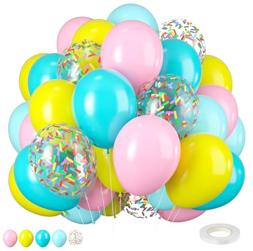 Biapian Donut Balloons, Pink Yellow Teal Balloons Pastel Pink Teal Sprinkles Confetti Balloons For Donut Theme Party Cutouts Kids Birthday Party Balloons Arch Photo Props Favor Ideas Supplies cover