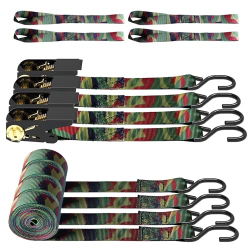 AWELCRAFT Ratchet Straps 4 Pack 1 Inch x 15 Feet Tie Down Ratcheting Strap 1500lb Breaking Strength with S-Hook 4X Soft Loops for Moving Appliances Lawn Equipment Truck Motorcycle(Camouflage)