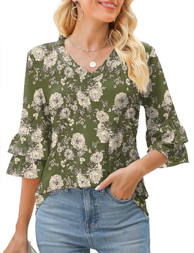 Image of TFSDOD Womens V Neck 3 /4 Bell Sleeve Tops Frill Neck Tiered Ruffle Sleeve Shirts Casual Spring Summer Loose Tunic Blouses