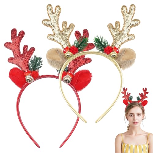 2 Stk Weihnachts-Stirnbänder, Rentier Geweih Stirnband, Glitzer...