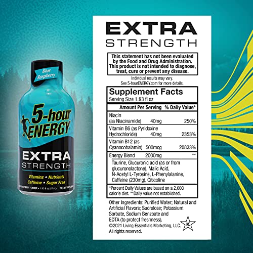 5-Hour Energy Shots Extra Strength | Blue Raspberry Flavor | 1.93 Oz. 30 Count | Sugar Free, Zero Calories | Amino Acids And Essential B Vitamins thumb #1