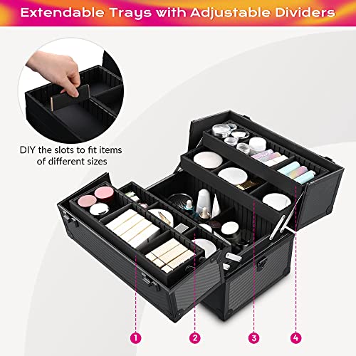 Byootique 14 Inch Makeup Train Case Pro Adjustable 4 Trays Cosmetic Case Storage Organizer Box With Lock Compartments Large Black #TOP1