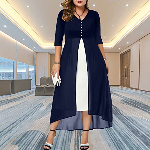 Jumpfolia Women's Plus Size 3/4 Sleeve V Neck Chiffon Contrast Panel Cocktail Semi Formal Midi Dresses (A02-Navy Blue-4Xl) #TOP5