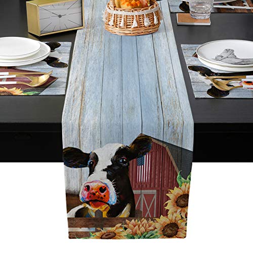 Table Runner for Kitchen Decor Farm Cow and Sunflowers in The Red Barn Table Runner Farmhouse Decor Burlap Table Runners for
