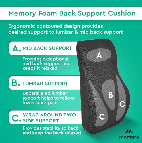 Image of Memory Foam Car Seat Cushion with Lumbar Support - Ergonomic Backrest for Upper, Middle & Lower Back Pain Relief | Posture Correction Chair Support for Car & Office Use | 17x15x5inch, Black