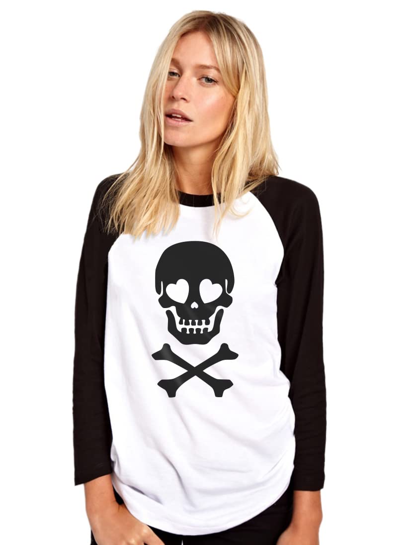 HotScamp Skull and Crossbones Heart Eyes Women's Baseball Top - White/Black XX-Large