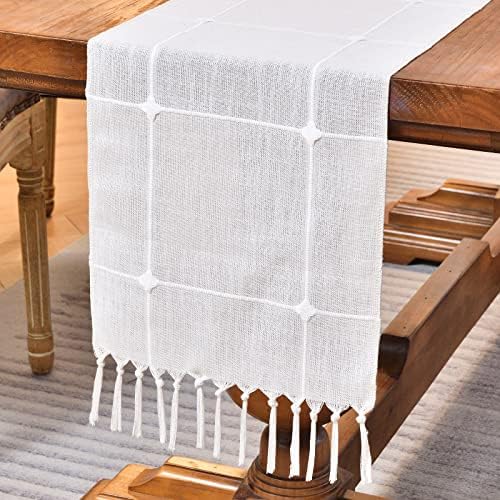 Wracra Embroidery Cotton Linen Table Runner Farmhouse Style Grey Table Runner 180cm Long with Hand-Tassels, Vintage Lattice Table Runner for Holiday Parties and Everyday Use(Grey, 180cm)