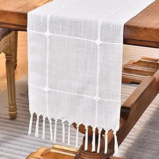 Wracra Embroidery Cotton Linen Table Runner Farmhouse Style Grey Table Runner 180cm Long with Hand-Tassels, Vintage Lattice Table Runner for Holiday Parties and Everyday Use(Grey, 180cm)