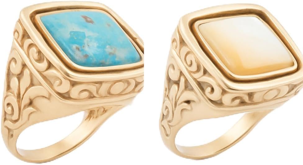 Barse Jewelry Blue Turquoise and White Mother of Pearl Flip Reversible Golden Ring