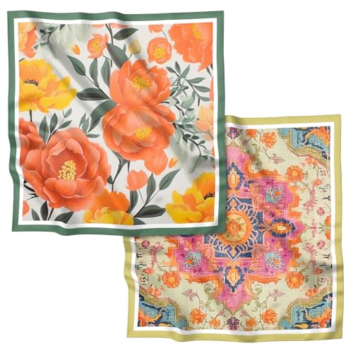 2PCS Scarf Silk Feeling Satin Head Hair Wrap Lightweight Large Square Fashion Cute Aesthetic 27.5 Inches for Women-Orange