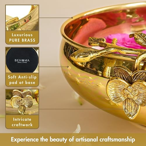 Image of BEHOMA Flower Design Brass Urli Decor Bowl, 10 inch | Flower-design brass urli bowl, 10 inch; golden centerpiece for haldi, mehndi, wedding & Diwali decor.
