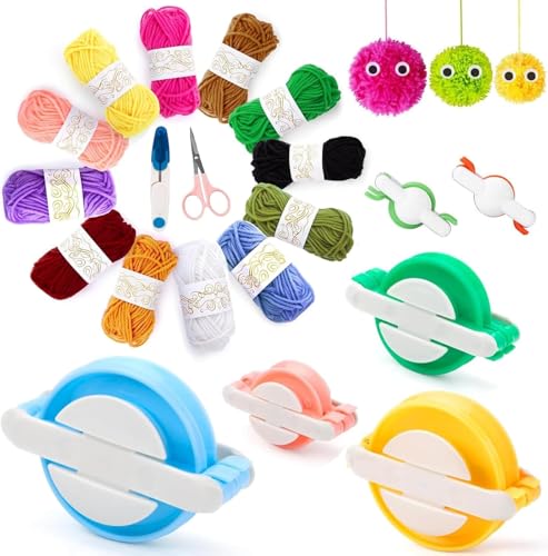 Ruidawin Pom Pom Maker Kit 20Pack 6 Sizes of Pompom Maker Tool with 12 Colours Yarn DIY Pompom Craft Fluff Ball Weaver Knitting for Adults Kids Beginner Handmade Toy