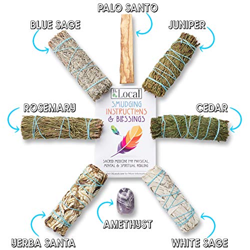 Sage Variety Pack - White Sage, Blue Sage, Yerba Santa, Cedar, Juniper & Palo Santo Smudge Sticks + Amethyst | Smudging Kit (Variety Sages) #TOP2