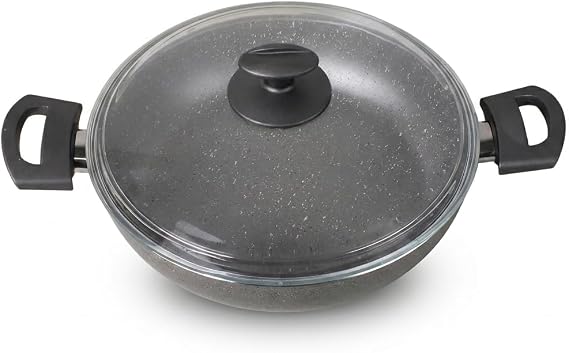 Papilla Argos 26 cm Karnıyarık Tenceresi - İç-Dış Gri Kırçıl Granit Efektli Yanmaz Yapışmaz Cam Kapaklı Sığ Tencere