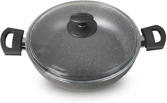 Papilla Argos 26 cm Karnıyarık Tenceresi - İç-Dış Gri Kırçıl Granit Efektli Yanmaz Yapışmaz Cam Kapaklı Sığ Tencere