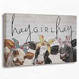 Funny Quote Cute Cows Canvas Wall Art Prints,Hay Girl Hay Wood Texture Paintings Prints,11x14 inches