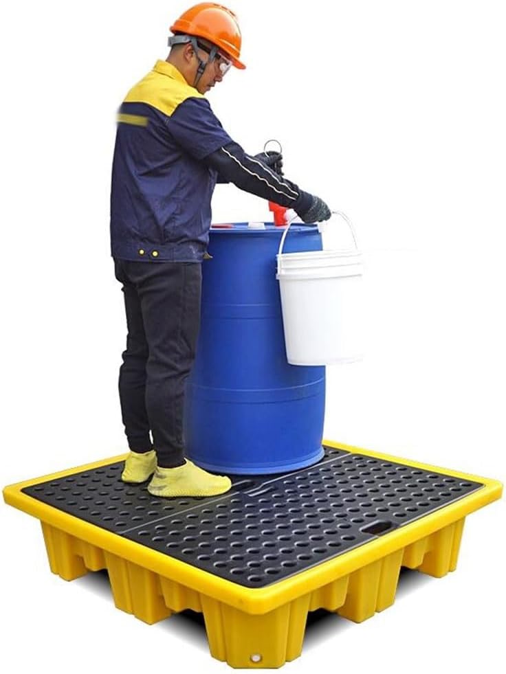 Yellow Polyethylene Two Drum Spill Pallet With Drain Ideal for Kitchen Factory Garage Flat Top Grid Pad for Small Containers 300 1200kg Load Bearing Size 67.5x67.5x15cm
