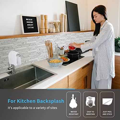 Amazon Brand  Umi Peel and Stick Wall Tiles Splashback Self Adhesive Wall Tiles Stone Design, 10 Sheets , Marble, 30x30cm (White)