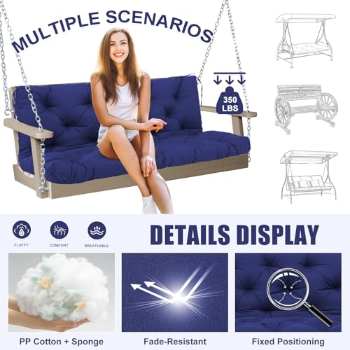 Image of Porch Swing Cushions Outdoor 70 inch x 40 Waterproof Swing Cushions 3 Seater Replacement with Backrest & 8 Ties 5 inch Thick Bench Swing Cushions for Outdoor Furniture Patio(Navy Blue)