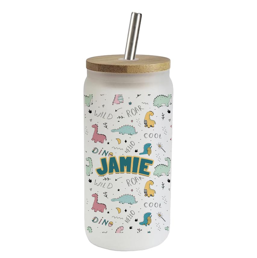 Personalised Rawr Cool Dinosaur Pattern, Gift for Kids, Perfect for Back to School, Frosted Glass Tumbler 18 OZ with Bamboo Lid and Silver Straw, Glass Can, Wide Mouth Jar for Drinks.
