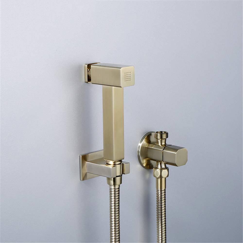 OZBMA Toilethand Held Bidet Sprayer Solid Brass Brushed Gold Douche Kit with Pushing Button Square Shower Set,B Set (B Set) (Gold) (Gold)