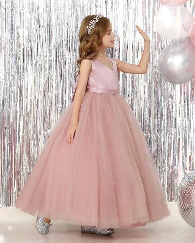 JISISANG Satin Tulle Flower Girl Tutu Dress for Wedding Formal Holiday First Communion Dress with Bow4