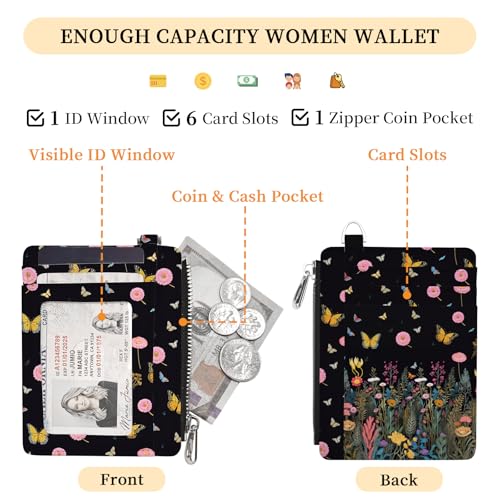 Image of Hancynir Butterfly Flower Slim Wallet Women Credit Card Holder, Small RFID | Zipper Pocket Wallet, Thin Travel Coin Purse, PU Leather, Minimalist Card Case, 6 Card Slots, ID Window, Ladies Women Gifts