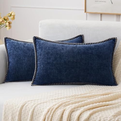 MIULEE Decorative Lumbar Throw Pillow Covers 12x20 Inch Navy 2 Pack
